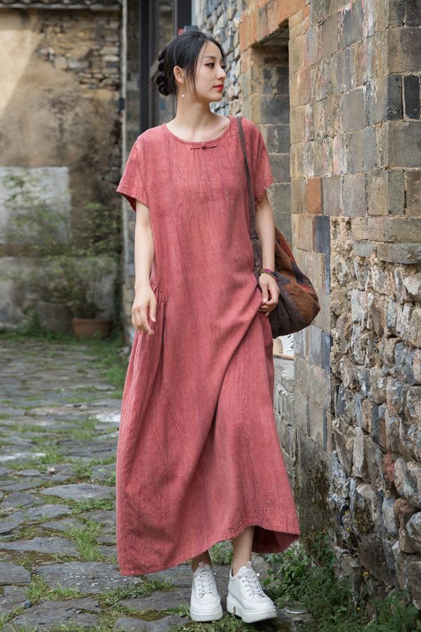 燕燕 夏款 亞麻紮染炒色文藝無袖長裙 洋裝 背心裙 