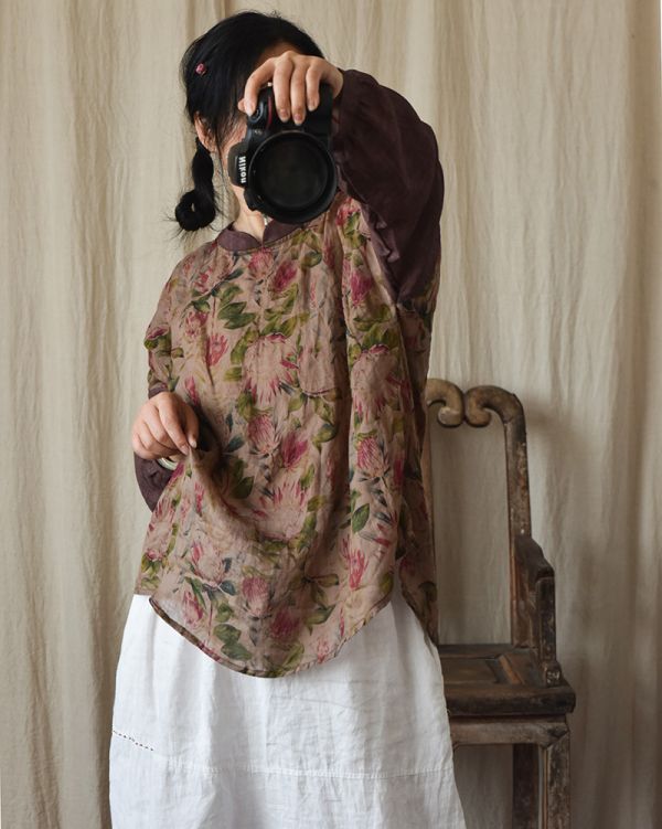 燕燕~春夏秋款  復古印花   寬鬆文藝長袖苧麻上衣 