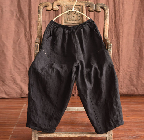 燕燕~春秋夏款 手工縫線工裝 亞麻寬鬆闊腿長褲 休閒褲 