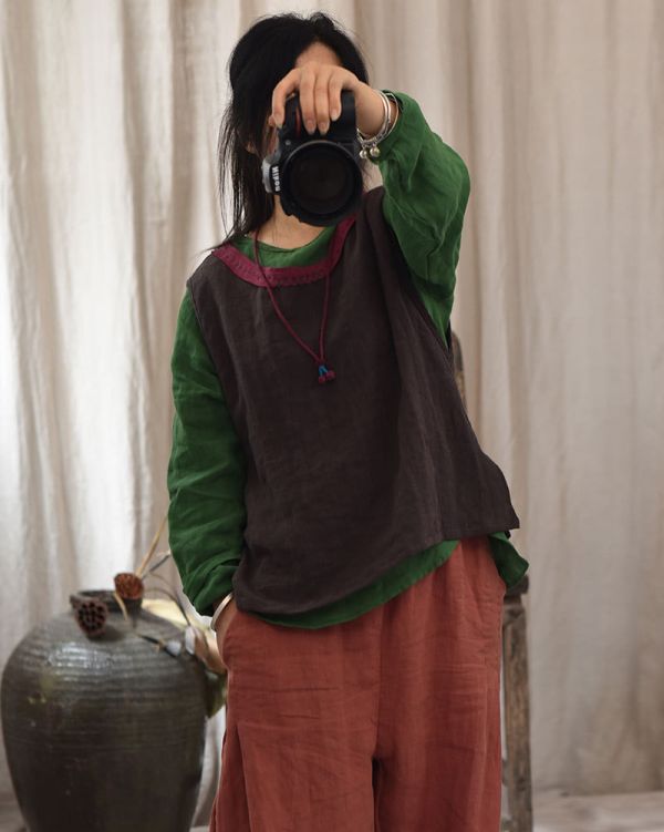 燕燕~亞麻撞色領文藝復古背心 