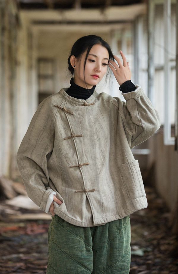 燕燕~秋冬新款   苧麻紮染加厚保暖外套 復古文藝個性盤扣女款T恤 上衣 