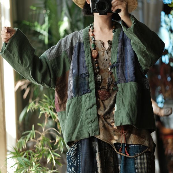 燕燕~秋冬新款 亞麻 做舊雪花洗拼布寬鬆短棉衣上衣。外套。ab178801 