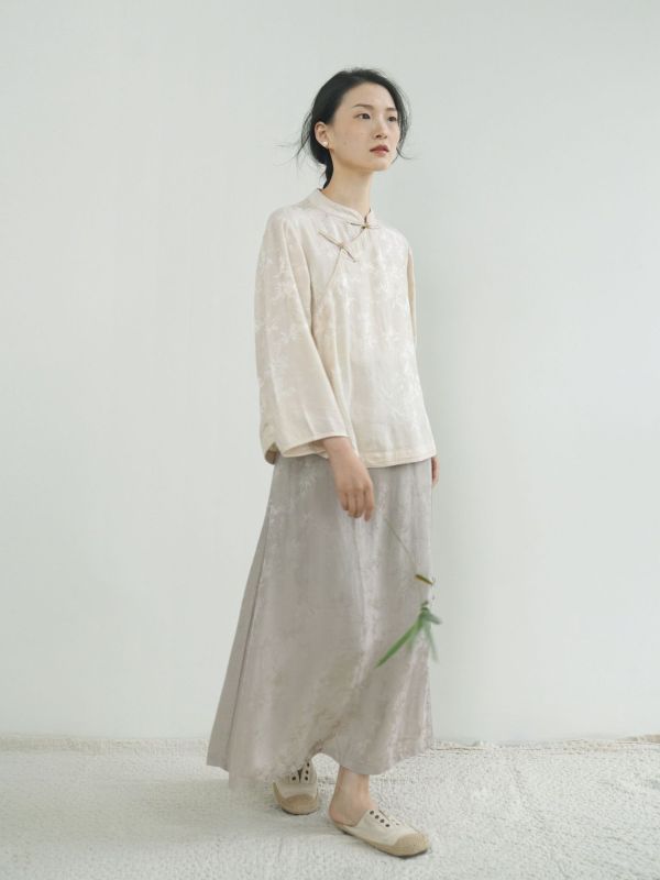燕燕~人絲提花   珠扣襯衫 禪意中國浪漫斜衫茶服上衣。ab2409901 