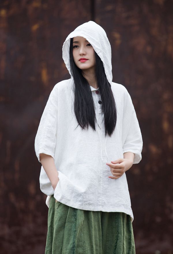 燕燕~夏季 苧麻棉 砂洗盤扣連帽防曬上衣  短袖棉麻衫 