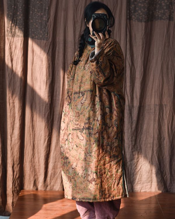 燕燕~棉麻商品~秋冬款 亞麻 印花斜襟盤扣文藝加長棉袍 寬鬆保暖棉衣上衣 連身裙 