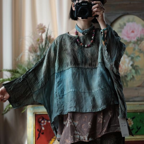 燕燕~輕訂製 植物染毛邊圓領寬鬆小衫 上衣  ab208901 （植物染商品顏色不會一模一樣喔） 