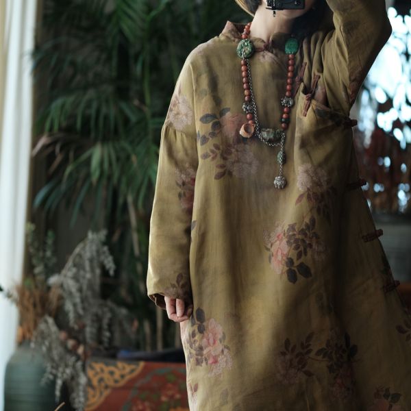 燕燕～文藝復古中式印花立領斜襟棉衣棉袍洋裝 連身裙  ab145901 