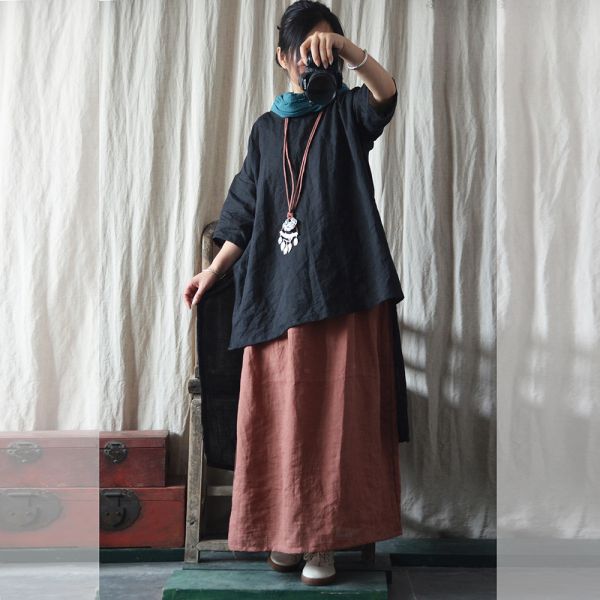 燕燕~棉麻商品~夏款 苧麻 前短後長 中長款 寬鬆袍子 洋裝 連身裙 