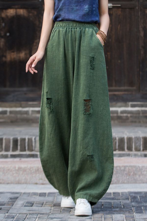 燕燕～秋季新款！苧麻 破洞炒色長褲 砂洗個性小眾流浪風燈籠褲 