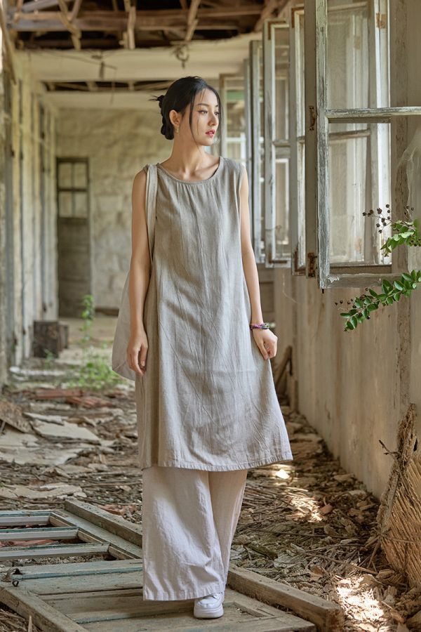 燕燕~秋款 亞麻紮染長裙 寬鬆顯瘦簡約無袖洋裝 連身裙 
