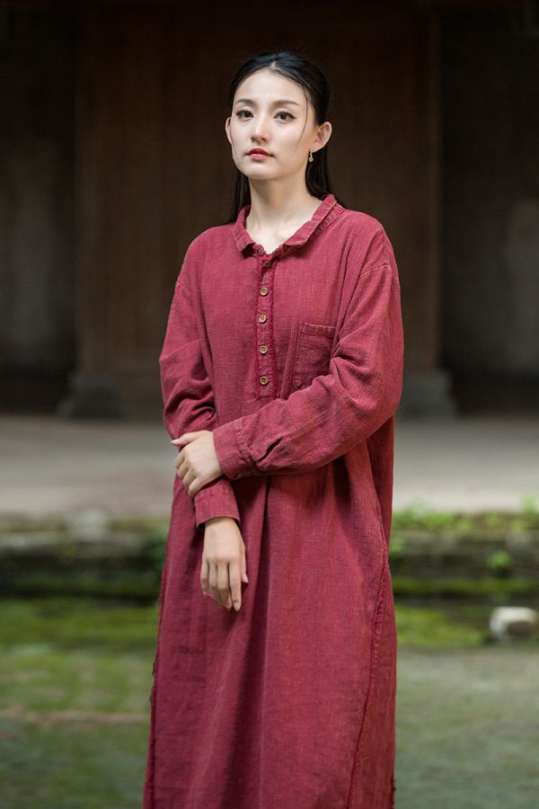 燕燕~秋季新款 莧麻磨毛砂洗炒色女禪意長袍洋裝 連身裙 