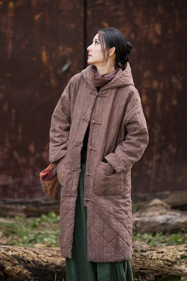 燕燕～苧麻 菱格絎縫棉服加厚保暖長款棉衣外套 
