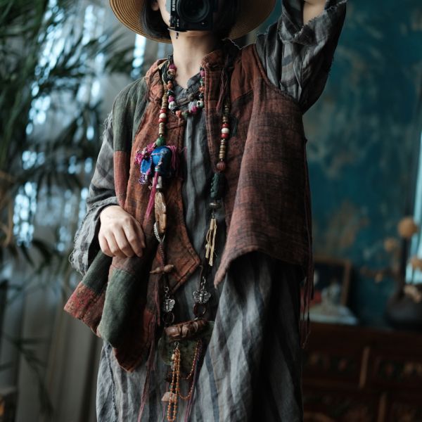 燕燕~棉麻商品~中式改良側開襟夾棉拼布背心棉麻杉. ab178301 