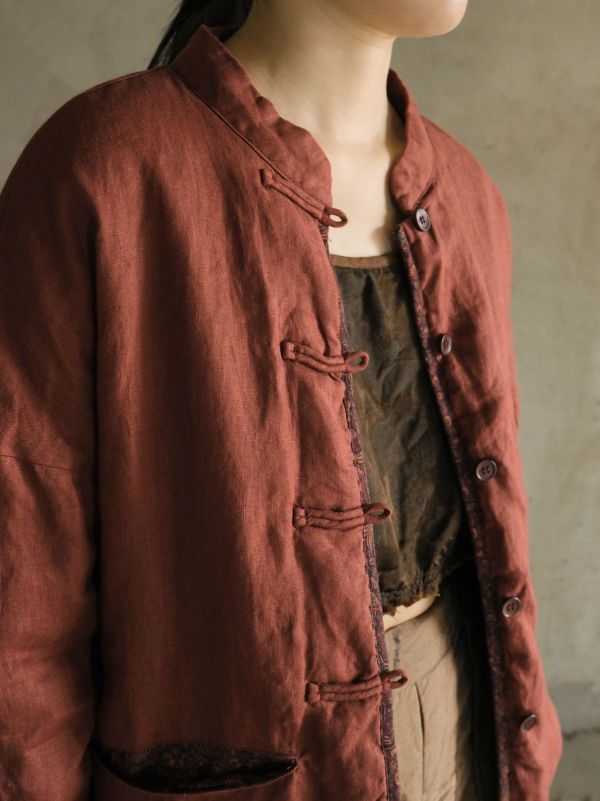 燕燕~棉麻商品~亞麻 復古立領加厚棉衣 對襟夾棉外套.    ab2322101 