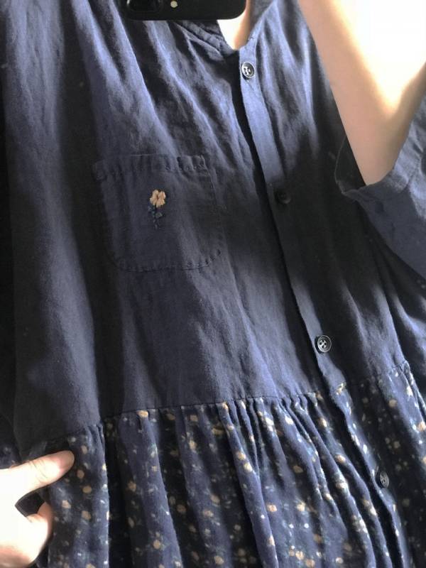 燕燕棉麻～亞麻材質 文藝復古春夏碎花拼接壓褶半袖開衫洋裝 連身裙 