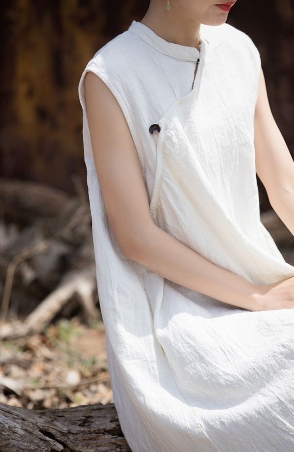 燕燕～秋冬薄款 苧麻棉手工紮染國風改良 無袖洋裝連身裙 