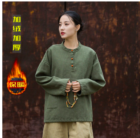 燕燕~莧麻棉~(秋冬加絨款）  撞色盤扣上衣 長袖棉麻衫 