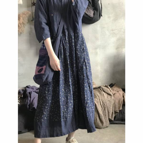 燕燕棉麻～亞麻材質 文藝復古春夏碎花拼接壓褶半袖開衫洋裝 連身裙 