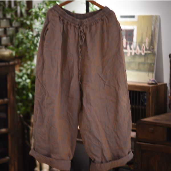 燕燕   色織亞麻雙層腰繩哈倫休閒褲 ab26901 