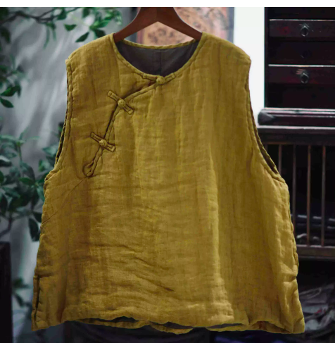 燕燕~秋款 復古偏襟盤扣雙層夾棉套頭棉背心 ab25401 