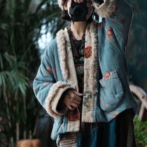 燕燕～復古文藝羊羔絨拼接印花寬鬆棉衣外套 ab226601 