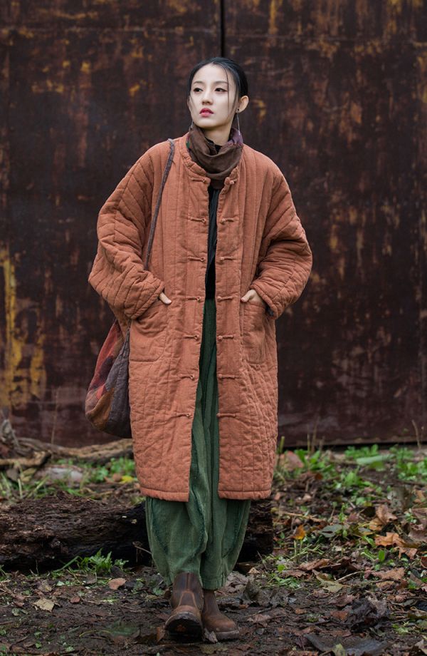 燕燕~冬季新款  苧麻夾棉絎縫豎格棉襖棉服流浪禪意 長袍子 棉衣外套 