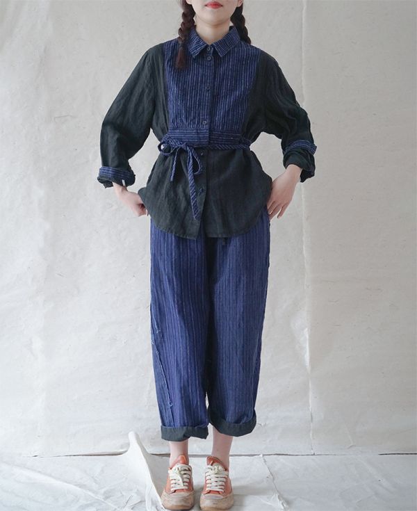 燕燕~亞麻 手工老布拼接個性複古做舊開衫襯衫 ab2103001 