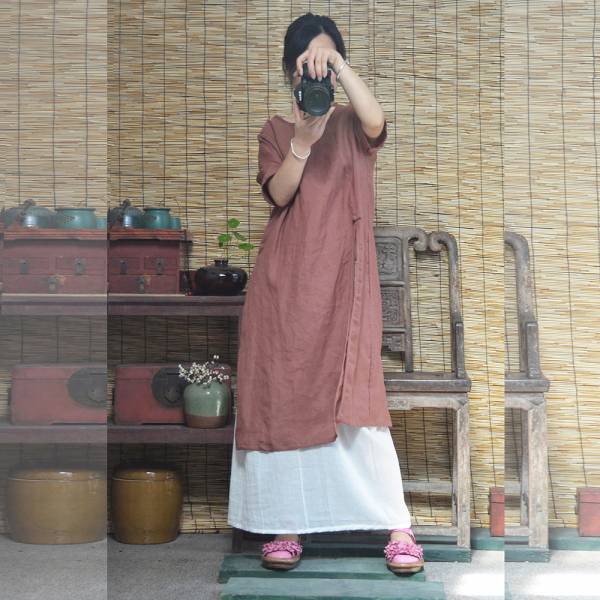 燕燕~夏款 苧麻材質 復古盤扣旗袍圓領洋裝 連身裙 