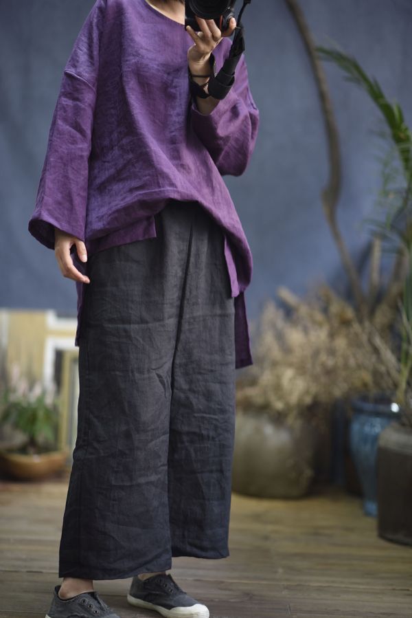 燕燕～亞麻復古春秋套頭開叉長袖麻衫 上衣 