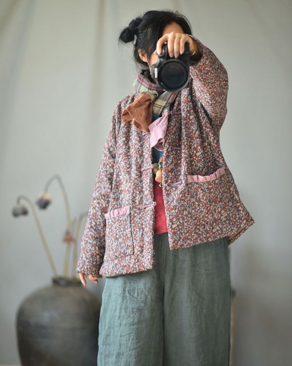 燕燕~秋冬款。手工縫製盤扣開衫棉服 復古小碎花短款棉衣外套 