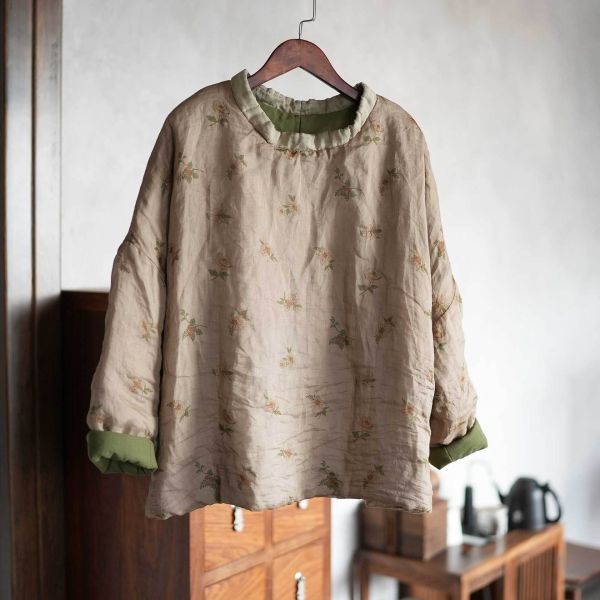 燕燕~秋冬新款 苧麻夾棉 數位印花高領棉衣 文藝休閒棉服上衣 