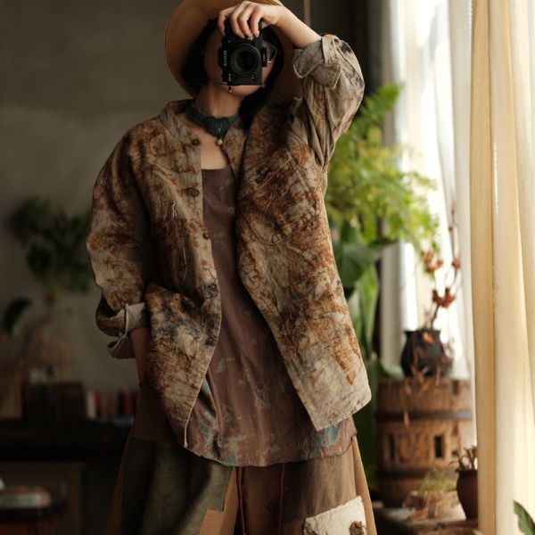 燕燕~亞麻～設計文藝復古做舊寬鬆外套襯衫 (植物染） 