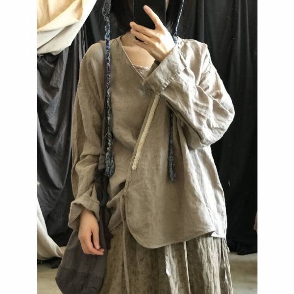 燕燕棉麻～亞麻 春秋款 斜襟繫帶水洗做舊 薄款上衣 禪意長袖棉麻衫 