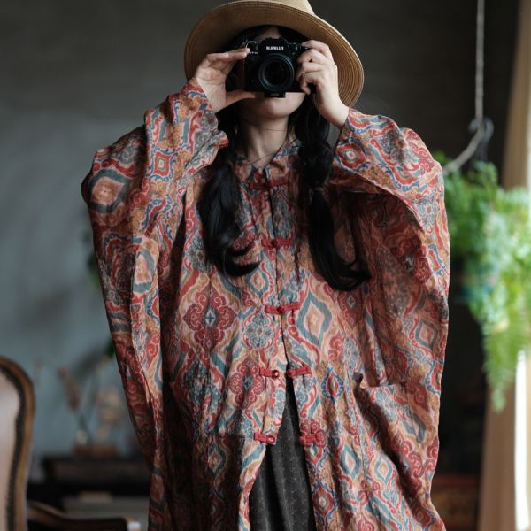 燕燕~棉麻商品~純亞麻 雪花洗印花工藝寬鬆外套 