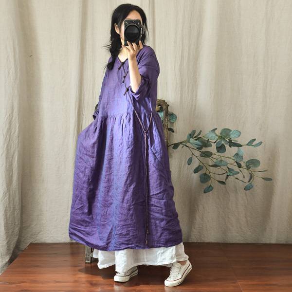 燕燕~棉麻商品~春夏秋新款 色織亞麻V領寬鬆繫帶盤扣洋裝 連身裙 