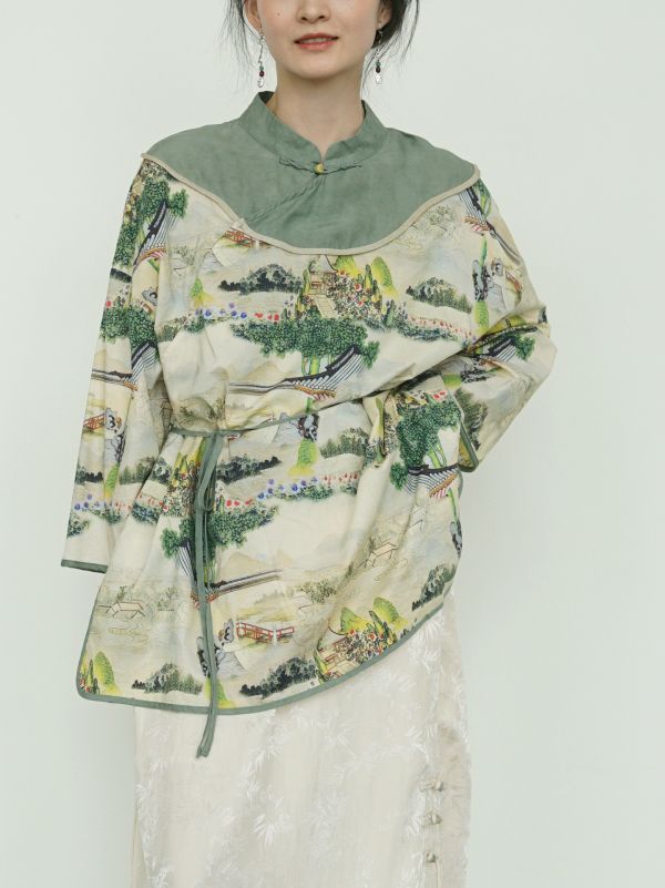 燕燕~純棉 全新中式古典新意中長上衣 印花純棉雲肩襯衫   ab2415001 