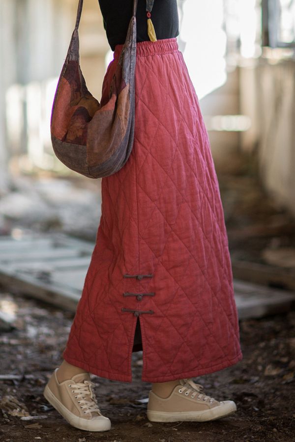 燕燕~秋冬新品    苧麻夾棉 原創設計個性保暖菱格絎縫長裙 