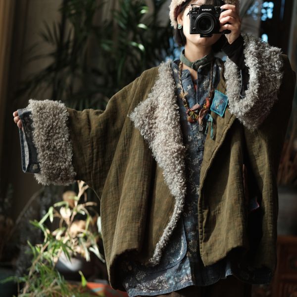 燕燕~秋冬新款 復古文藝羊捲毛翻領夾棉棉衣外套 ab227601 