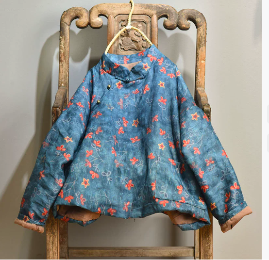 燕燕~棉麻商品~苧麻材質 數碼印花夾棉外套 盤扣短棉襖文藝棉服上衣 