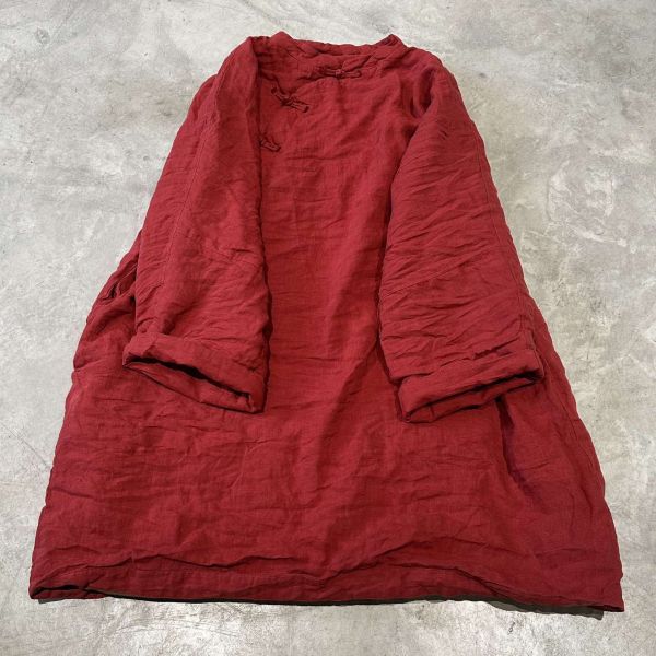 燕燕~砂洗亞麻 偏襟盤扣寬鬆棉衣長袍洋裝 連身裙 