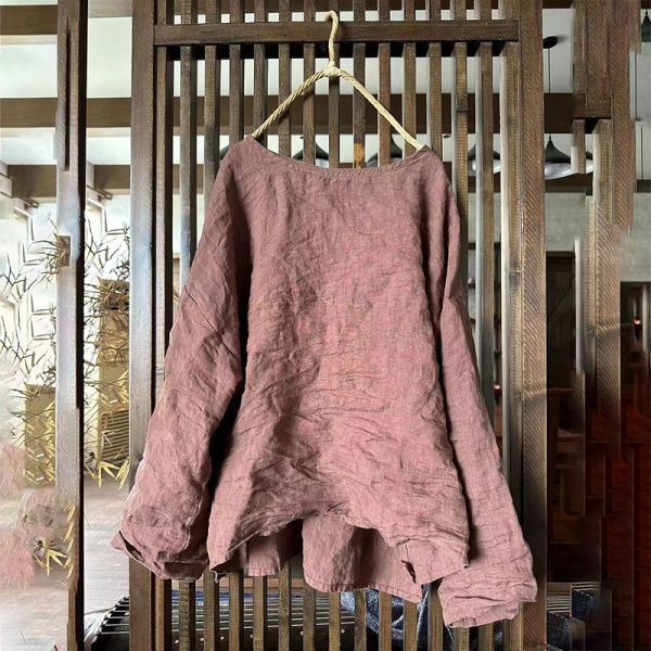 燕燕~砂洗亞麻~四季款  圓領混搭打底衫 上衣 文藝女襯衫 
