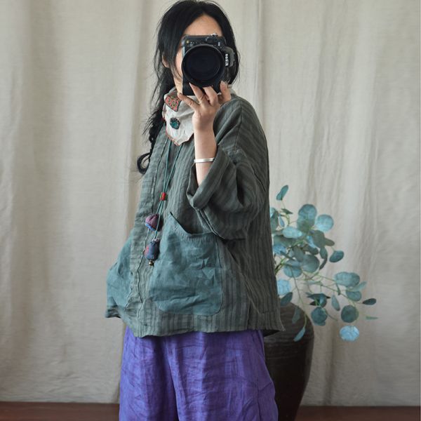 燕燕~亞麻材質 個性拼布大口袋 圓領寬鬆上衣 女式襯衫  
