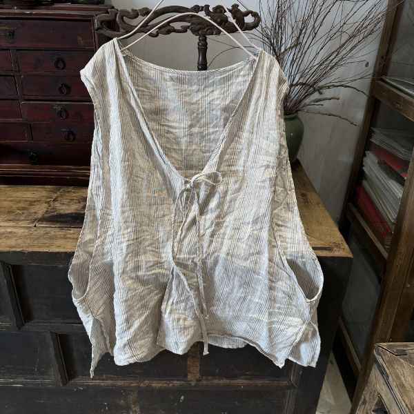 燕燕~棉麻商品~春夏款  亞麻 文藝復古色織條紋開衫繫帶穿搭背心 