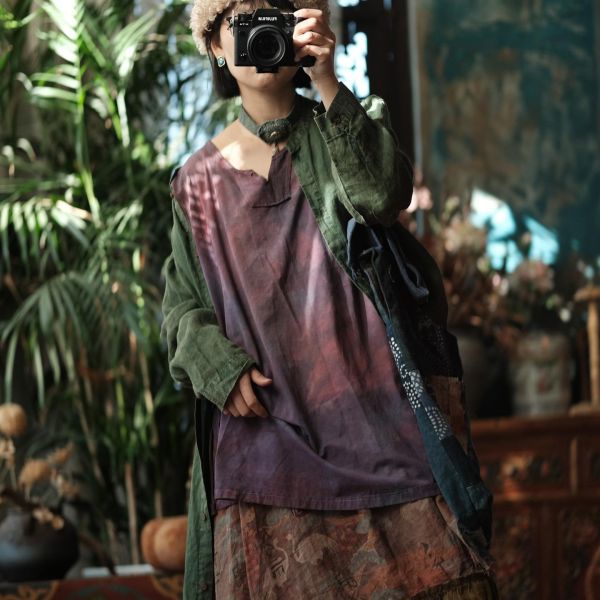 燕燕~夏季款式 復古手工植物染棉料V領背心 