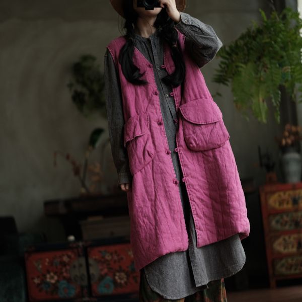 燕燕~棉麻商品~設計復古文藝小眾棉麻寬鬆口袋棉長背心  ab191701 