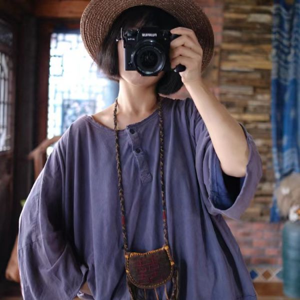 燕燕~針織棉。復古做舊雪花洗 不對稱寬鬆禪意大T恤 上衣 ab198401 