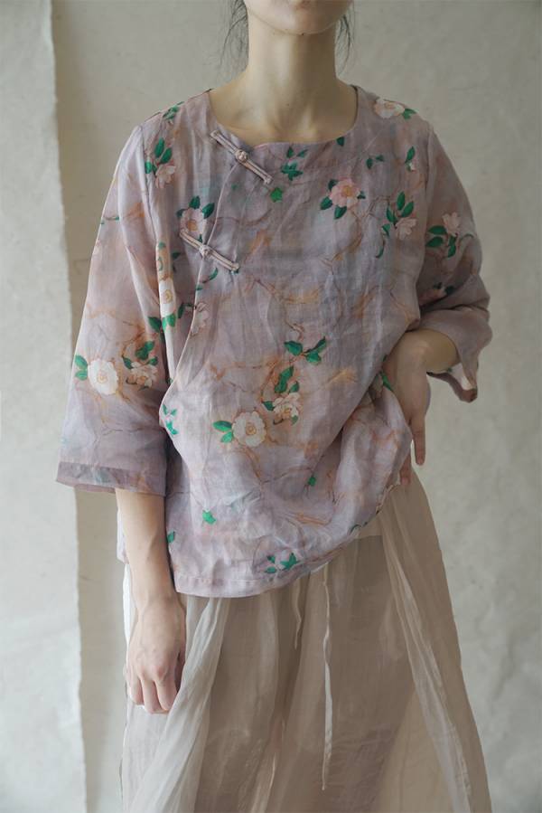 燕燕~棉麻商品 苧麻印花材質 清雅顯瘦襯衫茶服 七分袖棉麻衫 1-2216 
