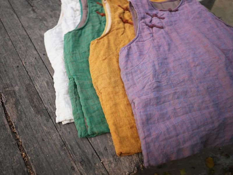 燕燕～色織亞麻 文藝復古中式盤扣夾棉寬鬆背心 