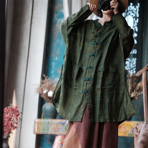 燕燕~秋冬新款 苧麻  寬鬆不對稱口袋長外套襯衫 上衣 外套。ab143501 