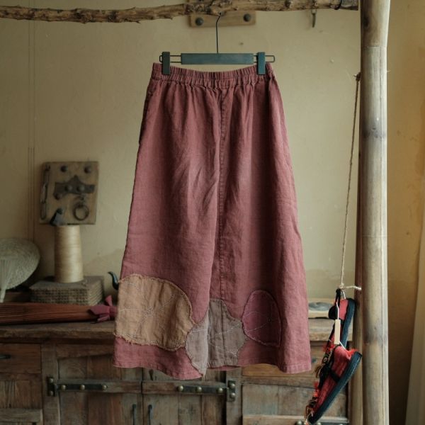 燕燕～春秋款 復古文藝高端水洗亞麻貼花長裙 